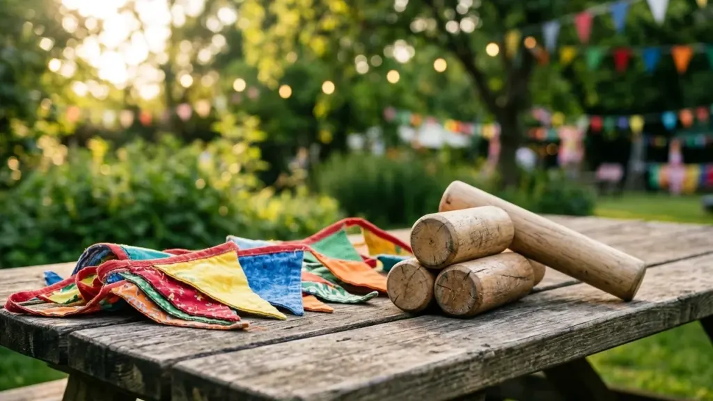 Des maillets en bois et des fanions colorés posés sur une table rustique extérieure.