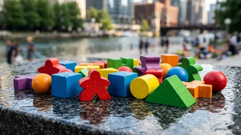Des blocs de construction en bois colorés posés sur une surface en granit humide.