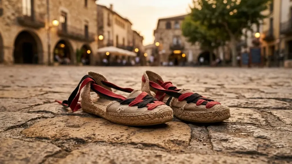 Une paire d'espadrilles traditionnelles avec des lacets rouge et noir posée sur des pavés.