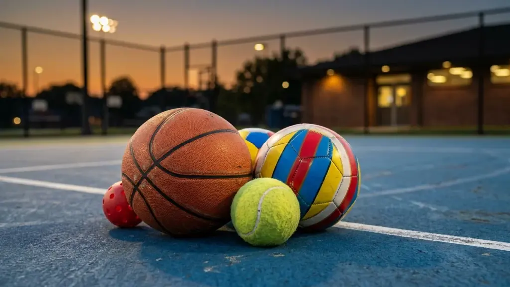 Un ballon de basket, un tennis et un ballon multicolore sur un terrain extérieur.