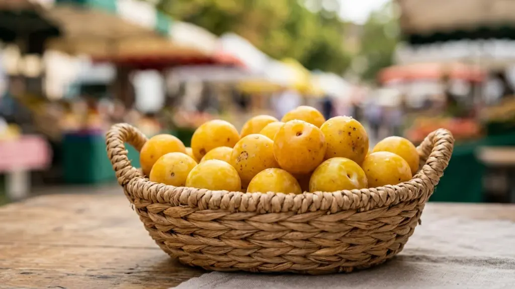 Un panier en osier rempli de prunes jaunes fraîches sur une table en bois.