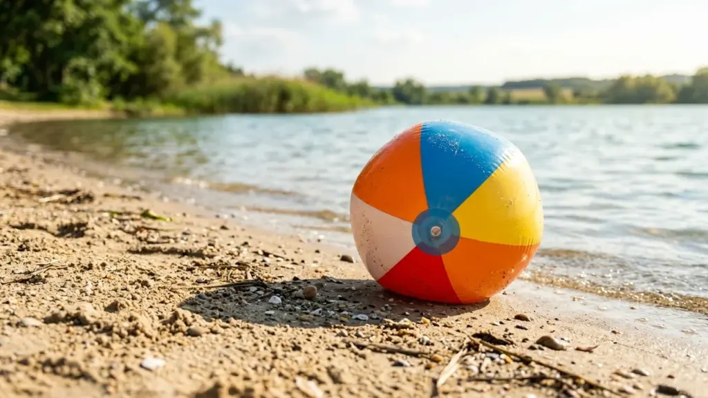 Un ballon de plage coloré posé sur le sable au bord d'un lac ensoleillé.