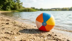 Un ballon de plage coloré posé sur le sable au bord d'un lac ensoleillé.