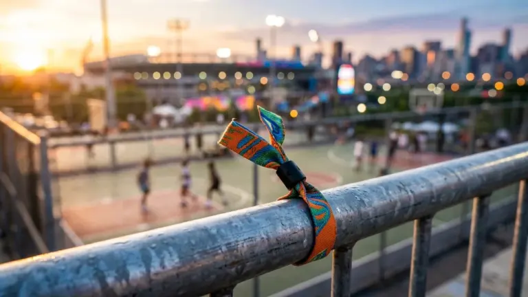 Un bracelet de festival coloré est attaché à une rambarde métallique devant un terrain sportif.