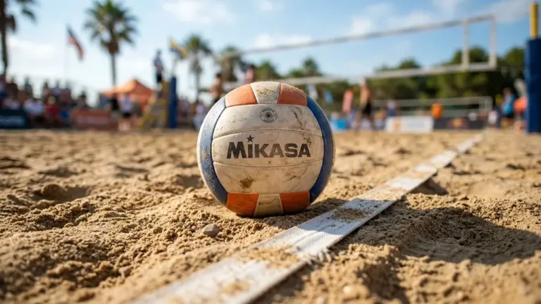 Un ballon de beach-volley Mikasa repose sur le sable près d'une ligne de terrain.