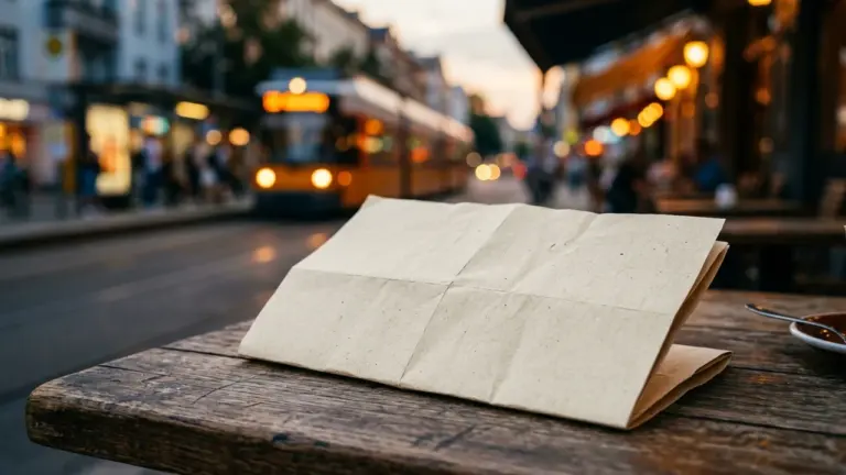 Un menu en papier plié posé sur une table en bois d'une terrasse urbaine.
