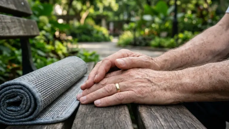 Mains ridées d'une personne âgée posées sur un banc de parc près d'un tapis.