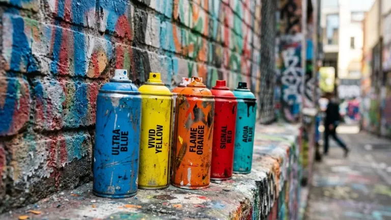 Plusieurs bombes de peinture colorées alignées sur un muret recouvert de graffitis urbains.
