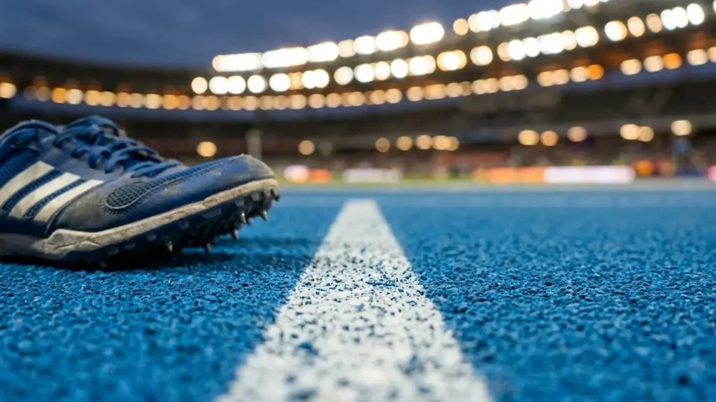 Une chaussure à pointes de course sur une piste d'athlétisme bleue sous des projecteurs.