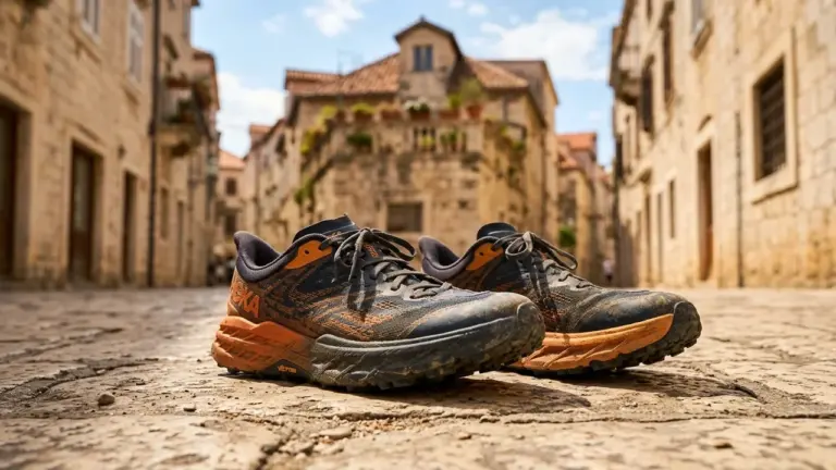 Une paire de chaussures de trail Hoka posée sur les pavés d'une ruelle historique.