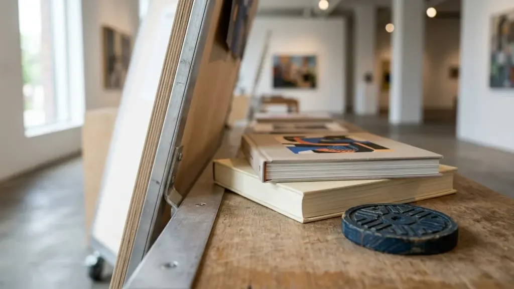 Deux livres empilés sur une table en bois dans une galerie d'art contemporaine lumineuse.