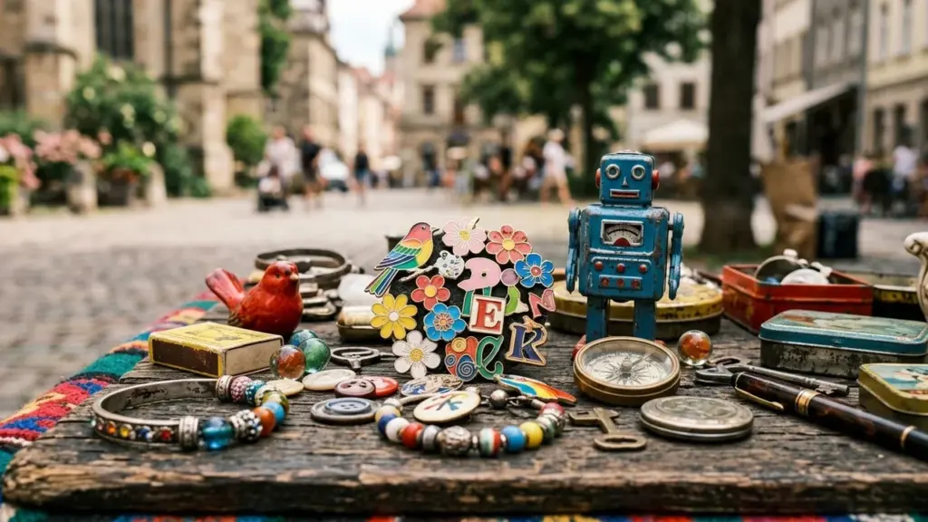Objets anciens, figurines de robot, broches florales et bijoux étalés sur une table en bois.