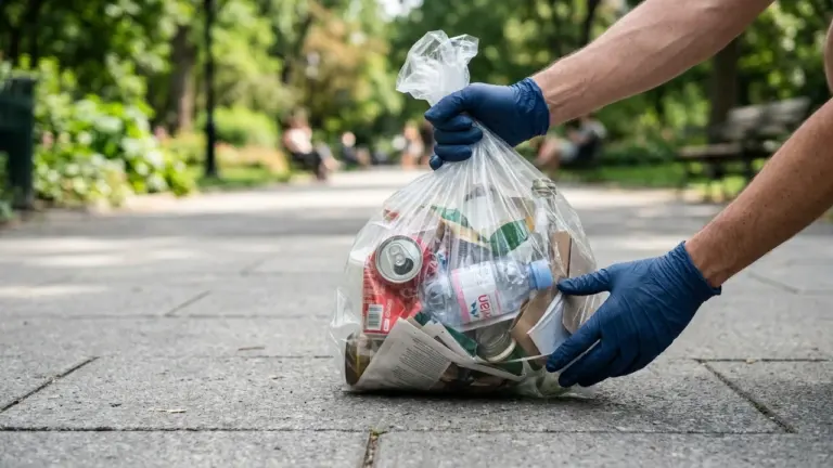 Mains gantées de bleu tenant un sac plastique rempli de déchets recyclables dans un parc.