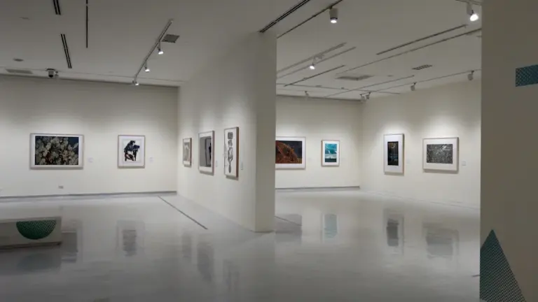 Vue d'ensemble d'une galerie d'art moderne aux murs blancs avec des tableaux exposés.