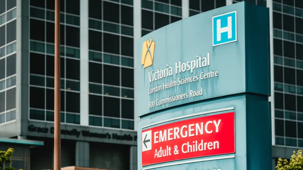 Panneau de signalisation d'une entrée d'urgence hospitalière devant un grand bâtiment moderne.