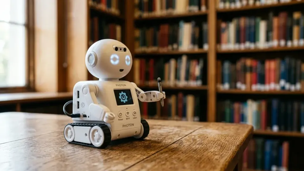 Un petit robot éducatif blanc à chenilles posé sur une table en bois en bibliothèque.