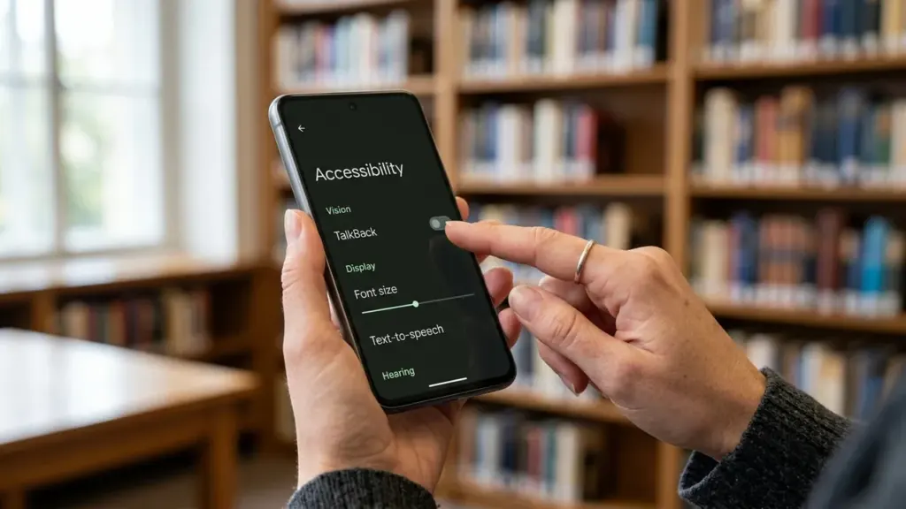 Une main tenant un smartphone affichant le menu des paramètres d'accessibilité sur écran noir.