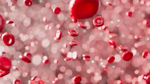 Vue microscopique artistique de cellules rouges circulant dans le sang humain.
