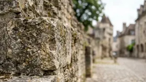 Gros plan sur un vieux mur en pierre texturée dans une rue pavée médiévale.