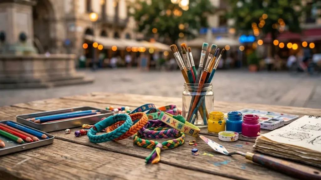 Pinceaux, peintures et bracelets colorés posés sur une table en bois en extérieur.