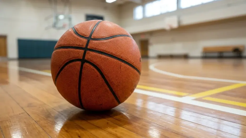 Un ballon de basket-ball orange texturé posé sur le parquet d'un gymnase intérieur vide.