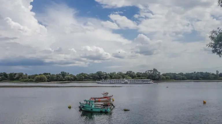 Bateaux sur une rivière calme entourée d'arbres sous un ciel nuageux.