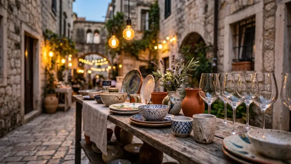 Une table en bois rustique avec de la vaisselle en céramique dans une ruelle illuminée.