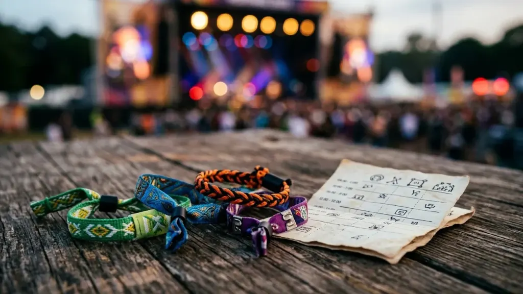 Trois bracelets de festival colorés et un programme papier posés sur une table en bois.