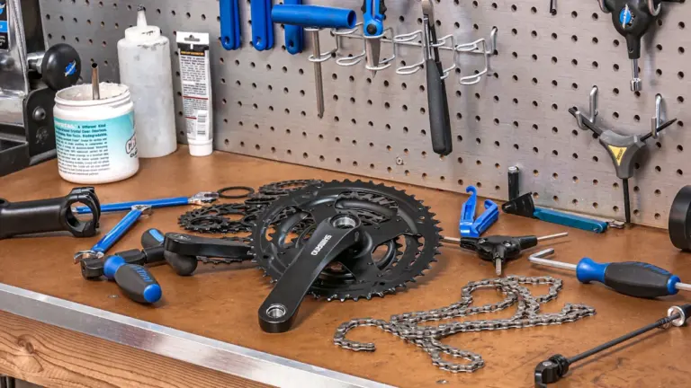 Outils de réparation pour vélos disposés sur un établi d'atelier de cyclisme.