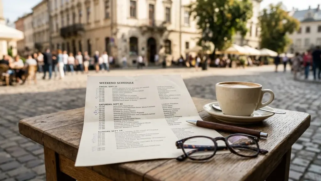 Une feuille de planning du week-end, des lunettes et une tasse de café sur table.