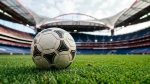 Un ballon de football classique posé sur l'herbe verte d'un grand stade vide.