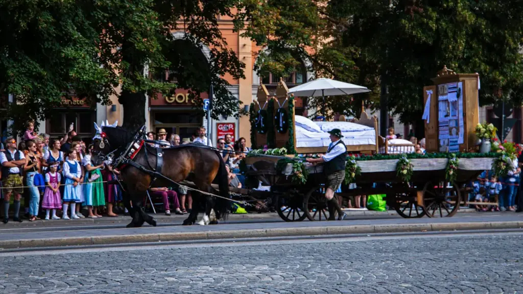 Un cheval tirant une calèche décorée lors d'une parade festive en ville.