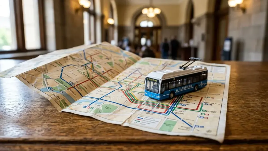 Un modèle réduit de bus électrique bleu posé sur une carte urbaine détaillée.