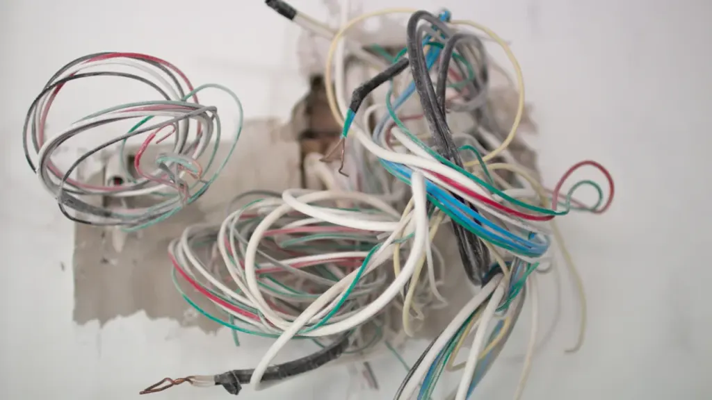 Un faisceau de câbles électriques apparents sortant d'une installation murale défectueuse.