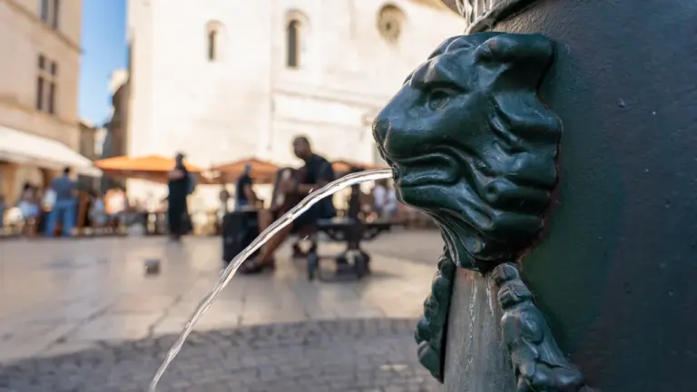Gros plan sur une fontaine en fer avec une tête de lion crachant de l'eau.