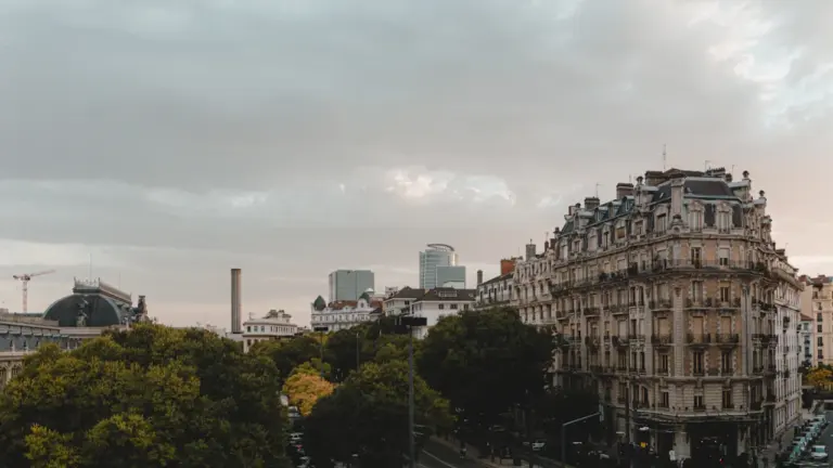 Vue plongeante sur une rue urbaine typiquement française avec des immeubles en pierre.