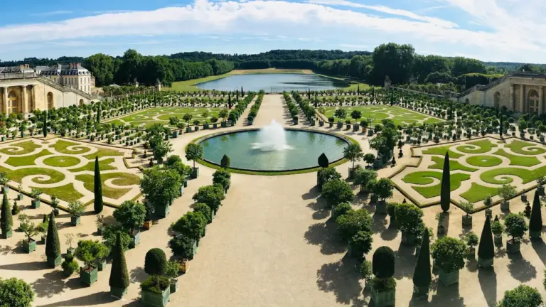 Vue panoramique des jardins à la française avec une fontaine centrale et des arbres.