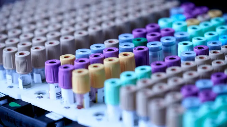 Tubes de prélèvement sanguin alignés dans un rack de laboratoire médical professionnel.