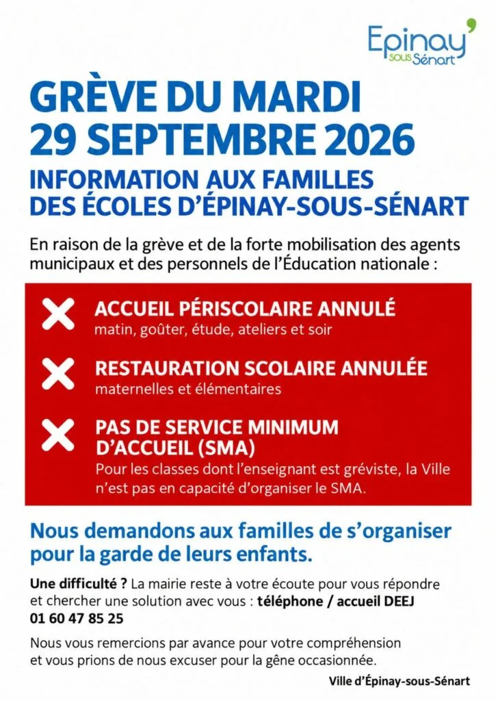 Épinay-sous-Sénart : cantine et périscolaire fermés mardi 29 septembre