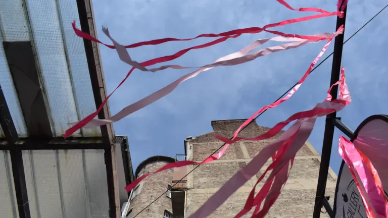 Rubans roses flottant au vent devant un bâtiment pour Octobre Rose.
